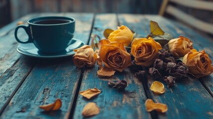 A dark teal teacup sits beside wilting yellow roses on a rustic blue wooden table
