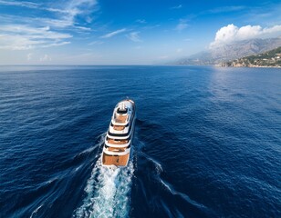 luxury yacht cruising the deep blue sea an aerial perspective