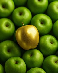 Golden apple in the green apple group: A solitary golden apple stands out amidst a collection of vibrant green apples, the contrast highlighting individuality, value, and unique appeal.