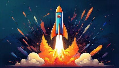 rocket launch with bitcoin symbol and flames