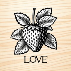 Intricate black and white strawberry sketch on wood with 'love' text