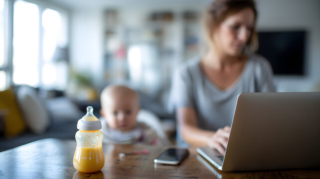 Balancing Act: A mother skillfully navigates the roles of professional and caregiver, seamlessly integrating work with motherhood. This image portrays a moment of multitasking, dedication and love.