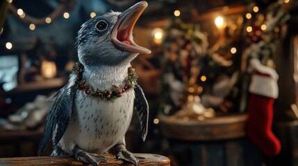 Cute bird with Christmas garland