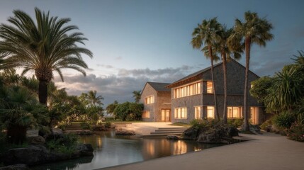Obraz premium Elegant modern house at dusk with warm lighting, manicured garden featuring palm trees, lush greenery, vibrant flowers,