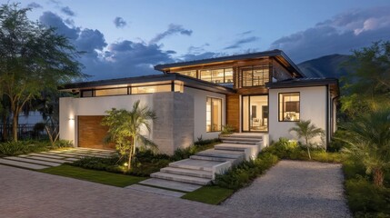 Fototapeta premium Modern house with clean lines and open floor plan, white walls, dark accents, large windows, glass walls, sleek roof,
