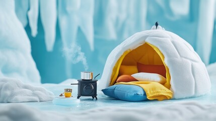 Cozy winter igloo scene with a small stove and cup of tea