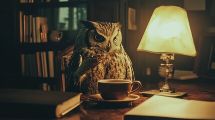 Owl reading by lamp