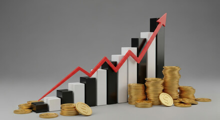 Rising Financial Success A Bar Graph with an Ascending Red Arrow Symbolizing Profit Growth and Investment Returns, Accompanied by Stacks of Coins Representing Wealth Accumulation