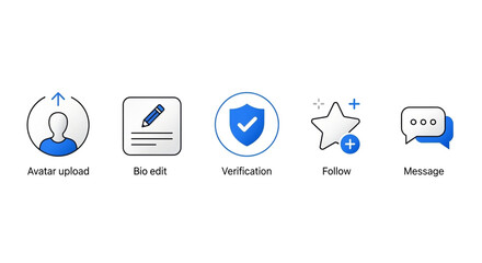 Set of user interface icons isolated on white background, avatar upload, bio edit, verification, follow, message, vector illustration