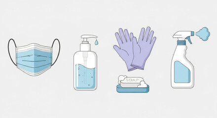 Essential hygiene products for protection against viruses, including a mask, hand sanitizer, gloves, soap, and disinfectant spray isolated on white background