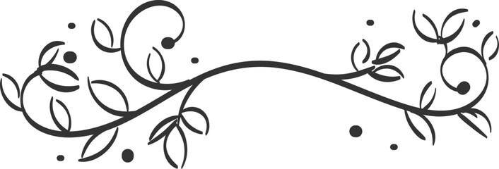 Decorative Floral Swirl with Leaves and Dots in Dark Gray.