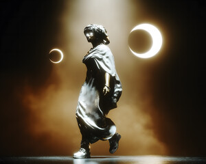 Elegant statue illuminated by moonlight with dramatic shadows