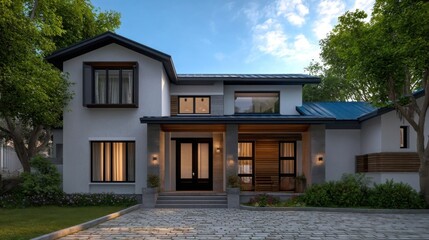 Modern two story house with white facade and dark trim, gable roof with blue shingles,