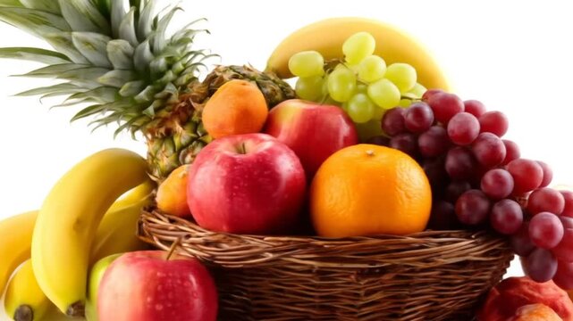 A variety of fresh fruits arranged attractively in a wicker basket against a white background.