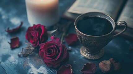 Still life with tea, roses, and candle