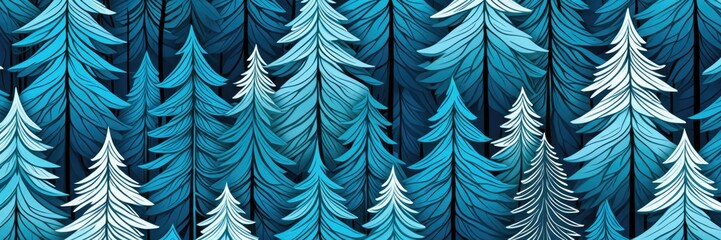 Vibrant blue fir trees pattern with abstract geometric design in forest backdrop