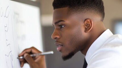 Focused young man intently writing on a whiteboard, likely during a presentation or meeting