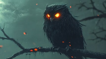 Dark, mythical owl perched on a branch at night.  Fiery, glowing eyes.  Dramatic sky