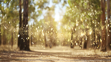 Sparkling Dust in Sunlit Forest Path with Eucalyptus Trees