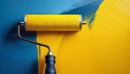 painting the vision a close up view shows a paint roller applying vibrant yellow paint onto a wall the yellow hue is beautifully juxtaposed against a striking blue backdrop