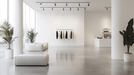Modern minimalist retail space with clothing display