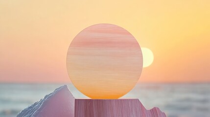 Abstract sphere on pedestal at sunset over ocean