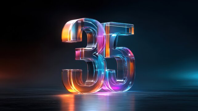 3D number 35 in neon colors on dark background