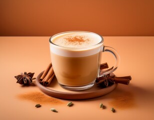 a mockup of a hot chai latte presented on a peach background creating a warm and inviting atmosphere for creative projects