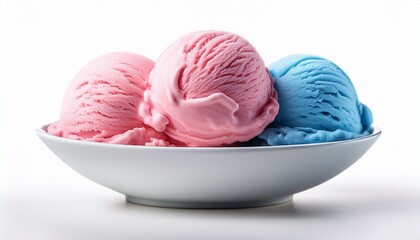 delicious pink and blue ice cream scoops in white bowl on white background