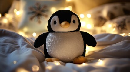 Cozy penguin plush on a bed, Christmas lights