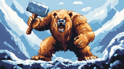 Massive bear wielding a mighty hammer on snowy mountain peaks