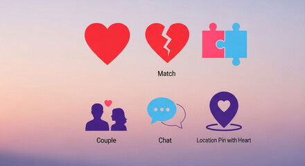 Collection of dating app icons featuring hearts, couples, chat bubbles, and location pins isolated on white background for dating apps
