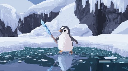 Pixel art penguin, icy spear, frozen landscape