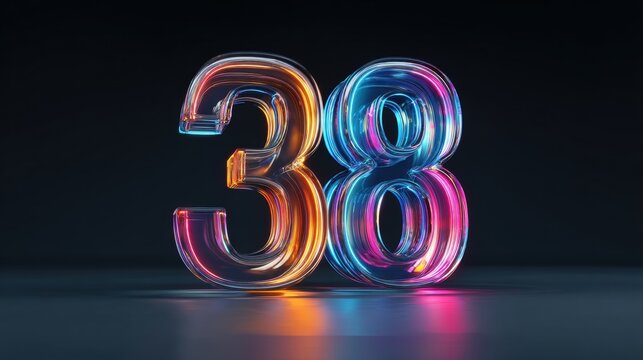 3D number 38 in neon colors on dark background