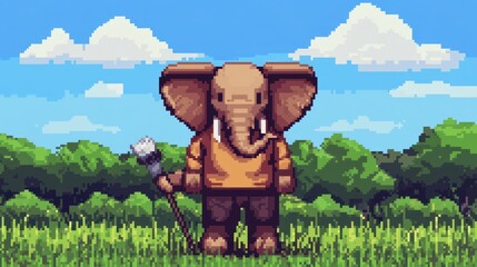 Pixel art elephant artist in a landscape