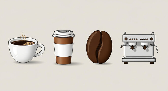 Illustration of coffee related items isolated on white background, including a cup, coffee bean, machine, and takeaway cup, representing coffee culture