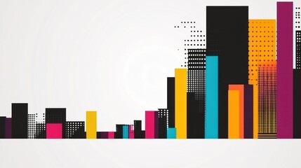 Abstract cityscape illustration. Vivid, colorful, geometric buildings arranged in a horizontal urban scene