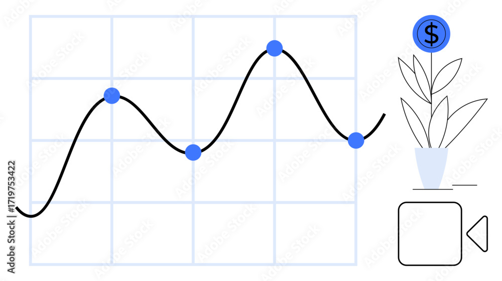 Poster wavy line on graph with data points, potted plant with dollar sign, video conferencing button. ideal