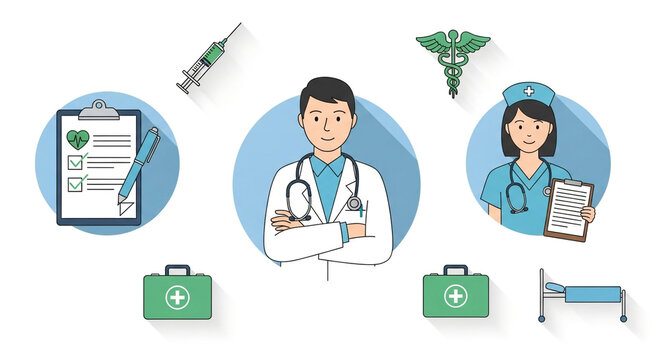 Set of medical staff and equipment icons isolated on white background, including doctor, nurse, syringe, clipboard, first aid kit, bed