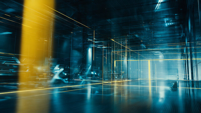 Futuristic interior with glowing yellow lines and reflective surfaces in a high-tech environment - Powered by Adobe