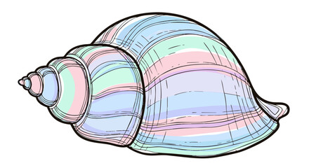 Hand-drawn seashell in soft pastel colors isolated on a white background. Vector illustration of a beautiful spiral ocean shell for beach and summer themes