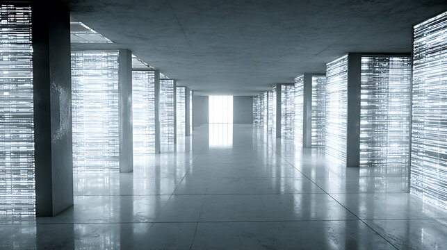 Modern architectural corridor with illuminated glass panels and reflective floor - Powered by Adobe