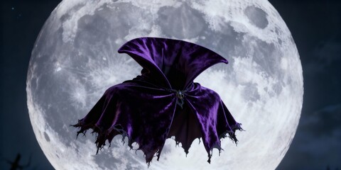 3D vampire cape floating in air, dark purple velvet, high collar, tattered edges, full moon backdrop