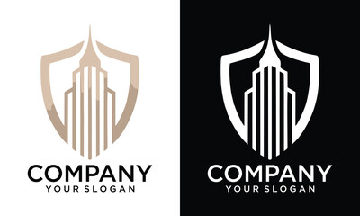 Creative Shield combined building logo and icons set. Vector logo design template.