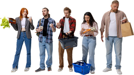 Group of people checking receipts with worried expressions after shopping. Concept of rising food...