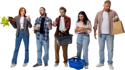 Group of people checking receipts with worried expressions after shopping. Concept of rising food prices, cost of living crisis, consumer frustration, and household budgeting. Transparent background