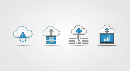 Cloud computing icons on white background data storage, transfer, and analysis for technology, network, and digital solutions