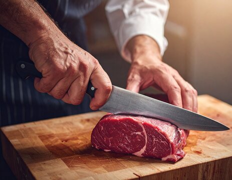 A close-up shot captures a chef or butcher's hands expertly slicing a raw cut of red meat on a sturdy wooden cutting board.  - Powered by Adobe