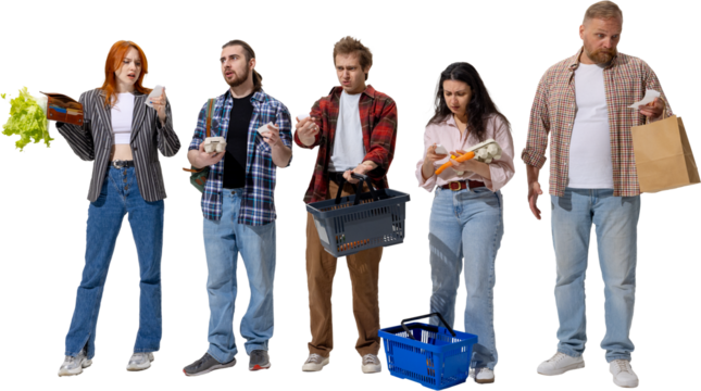 Group of people checking receipts with worried expressions after shopping. Concept of rising food prices, cost of living crisis, consumer frustration, and household budgeting. Transparent background