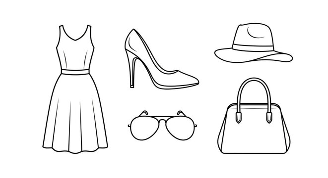 Collection of womens fashion accessories, including a dress, high heel shoes, hat, sunglasses, and handbag isolated on white background